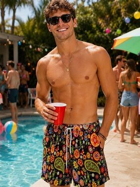 Men's Large  Black Floral Paisley Swim Trunks with Drawstring
